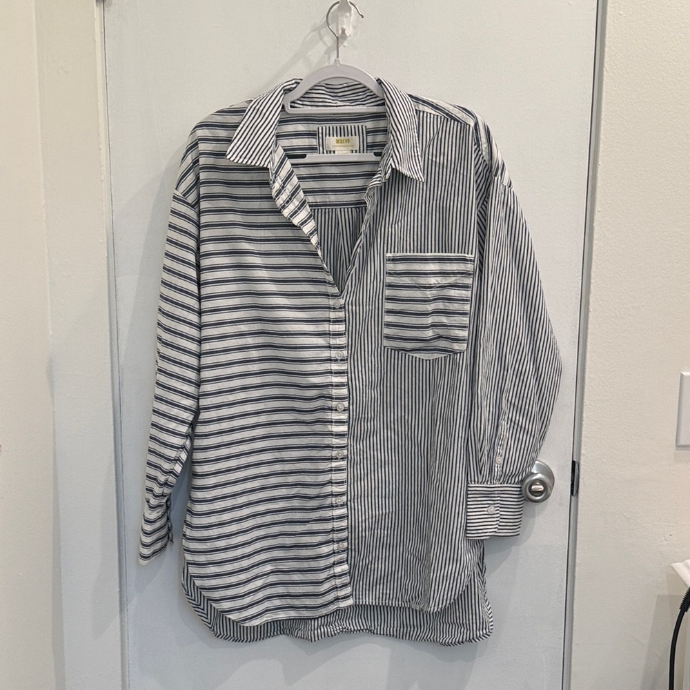 Maeve White and Black Striped Button-Down Shirt